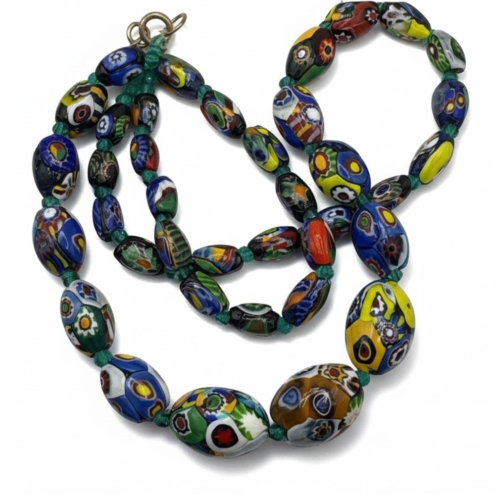 Vintage Moretti Murano Millefiori Venetian Glass Necklace 26” Graduated